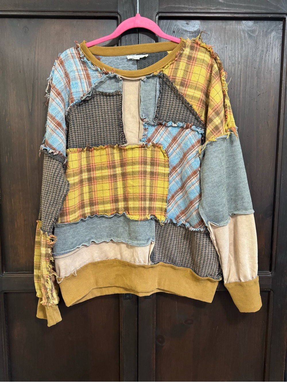 Oli & Hali Patchwork Plaid Pieced Mixed Texture Pullover Sweatshirt Yellow Multi - Picture 2 of 9